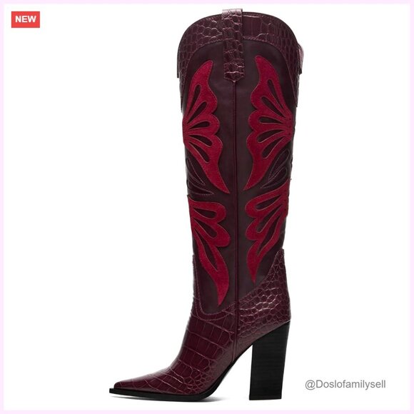 Shoes - Women's Knee High Cowboy Boots Pointed Toe Chunky Heel Butterfly Embroidery